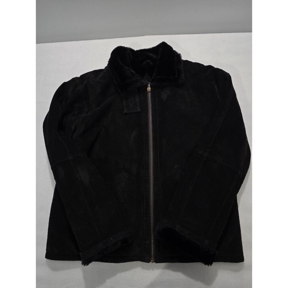 Vintage Middlebrook Park Black Genuine Suede Leather Jacket Faux Fur Trim Medium - Picture 1 of 6